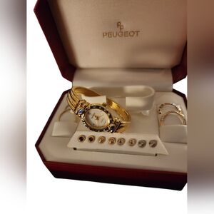 Peugeot Women's Gold Watch Gift Set with 5 Changeable Bezels 10 Changeable Studs